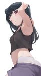  1girl ;) armpits black_hair breasts commentary_request grey_panties highres hiroki_(yyqw7151) long_hair looking_at_viewer love_live! love_live!_sunshine!! one_eye_closed panties purple_shorts red_eyes shorts simple_background single_thighhigh small_breasts smile solo thighhighs tsushima_yoshiko underwear white_background 