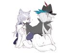  absurdres animal animalization arknights black_cape black_headwear braid cape cat character_request gladiia_(arknights) grey_hair hair_over_one_eye hat highres huayinglianpiangushixun long_hair low_ponytail mouth_hold no_humans ponytail red_eyes simple_background single_braid sweat very_long_hair white_background 
