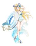  1girl absurdres alternate_costume arm_up bare_arms bare_legs bare_shoulders blonde_hair blue_choker blue_flower blue_one-piece_swimsuit blue_sandals bracelet breasts cartethyia_(wuthering_waves) choker cleavage colored_eyelashes covered_navel crossed_legs crown_of_thorns earrings facial_mark flower forehead_mark frilled_innertube frilled_one-piece_swimsuit frills full_body grey_eyes hair_flower hair_ornament halterneck highres holding holding_swim_ring imperator_(wuthering_waves) innertube jewelry long_hair looking_at_viewer medium_breasts middle_part multiple_earrings objectification one-piece_swimsuit parted_bangs pointy_ears sandals simple_background solo standing standing_on_one_leg star_bracelet swim_ring swimsuit tacet_mark_(wuthering_waves) toes unicorn vanillaf very_long_hair watson_cross waves white_background wuthering_waves 