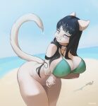  1girl animal_ears arms_under_breasts bangs beach bent_over bikini black_hair bottomless breasts cat_ears cat_girl cat_tail cleavage closed_mouth day feliscede forehead_protector furrification furry furry_female green_bikini hyuuga_hinata long_hair naruto_(series) naruto_shippuuden outdoors shiny shiny_hair solo swimsuit tail water 