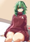  1girl absurdres bed clothes_writing commentary_request cowboy_shot dutch_angle eyepatch green_eyes green_hair grin highres jacket kantai_collection kiso_(kancolle) kiso_kai_ni_(kancolle) official_alternate_costume red_jacket shiba_(zudha) short_hair sitting smile solo track_jacket 