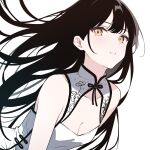  1girl bangs bare_shoulders black_hair breasts brown_eyes byakuya_reki cleavage commentary_request dress highres long_hair looking_at_viewer original parted_lips simple_background sleeveless sleeveless_dress small_breasts smile solo very_long_hair white_background white_dress 