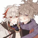  2boys blonde_hair blue_eyes blue_scarf fingerless_gloves genshin_impact gloves hashtag-only_commentary highres kaedehara_kazuha kazuha's_friend_(genshin_impact) lipstick_mark looking_at_viewer multicolored_hair multiple_boys photo-referenced red_eyes red_streaks scarf squeezing_cheeks star_(symbol) streaked_hair txasttszu white_hair yaoi 
