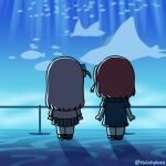  2girls absurdres aquarium bocchi_the_rock! brown_hair chibi chibi_only commentary dress english_commentary facing_away gotoh_hitori grey_dress highres indoors jacket kita_ikuyo manta_ray multiple_girls one_side_up pink_jacket pleated_skirt skirt twitter_username yakotako 