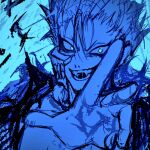  1boy arrancar bleach blue_background blue_eyes blue_theme facial_mark fangs grimmjow_jaegerjaquez hashtag-only_commentary highres hollow_mask looking_at_viewer outstretched_hand palms saliva spiked_hair txasttszu 