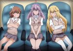  3girls airplane_interior black_socks blonde_hair breasts brown_eyes brown_hair brown_sweater_vest clenched_teeth collared_shirt commentary_request drill_hair elbow_gloves glaring gloom_(expression) gloves grey_skirt hair_between_eyes hair_ornament hairpin highres hokaze_junko kneehighs large_breasts long_hair medium_hair meme miniskirt misaka_mikoto multiple_girls nervous_smile nervous_sweating pleated_skirt purple_hair school_emblem school_uniform shirt shokuhou_misaki short_sleeves shorts shorts_under_skirt sitting skirt smile socks sparkling_eyes summer_uniform sweat sweater_vest teeth thighhighs toaru_kagaku_no_railgun toaru_majutsu_no_index tokiwadai_school_uniform turn_pale twitter_username umaruli_1225 v-neck where_are_you_sitting_(meme) white_gloves white_shirt white_thighhighs yellow_eyes 