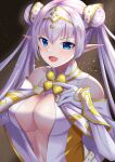  1girl absurdres arm_guards bangs bare_shoulders blue_eyes blush breasts britomart_(fate) capelet center_opening cleavage double_bun dress elbow_gloves fate/grand_order fate_(series) gloves gold_trim grey_hair hair_bun hairband highres large_breasts long_hair looking_at_viewer open_mouth pointy_ears shiratamaaji smile solo twintails very_long_hair white_capelet white_dress white_gloves 