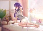  1girl arm_up bangs bare_arms bare_legs bare_shoulders barefoot bed blunt_bangs breasts commentary_request genshin_impact grey_sweater indoors large_breasts long_hair maoy123 meme_attire pillow purple_eyes purple_hair raiden_shogun sitting solo sweater thighs very_long_hair virgin_killer_sweater yokozuwari 
