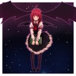  1girl ahoge bat_wings book earth_(planet) frown full_body furrowed_brow holding holding_book koakuma large_head_wings long_hair looking_at_viewer necktie outer_glow pantyhose pigeon-toed planet red_hair solo space star_(sky) tierra_misu touhou wavy_mouth wings 