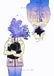  2boys ahoge aotsuki_eito backpack bag censored censored_identity commentary cursive english_commentary english_text flower forget-me-not_(flower) gloves growing_out_of_body headless highres holding holding_bag holding_flower hood hoodie jacket jacket_over_hoodie male_focus megasl multiple_boys pocket purple_theme rotational_symmetry short_hair simple_background sumino_takumi the_hundred_line_-last_defense_academy- zipper_pull_tab 