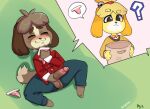  animal_crossing antelon anthro balls blush bodily_fluids canid canine canis clothing digby_(animal_crossing) domestic_dog female genitals hi_res isabelle_(animal_crossing) male mammal masturbation musk musk_clouds nintendo panties panty_theft penis solo stealing sweat tail_motion tailwag underwear video_games 