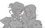  2girls ? android apex_legends ash_(titanfall_2) denizen_of_the_deep_ash goggles greyscale hand_on_another&#039;s_shoulder highres hood hood_up horizon_(apex_legends) mask monochrome multiple_girls official_alternate_costume overfloater_horizon parted_lips portrait ruu47 short_hair sketch smile spacesuit white_background 