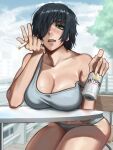  1girl absurdres alcohol bare_shoulders beer beer_can black_hair blush breasts can chainsaw_man cigarette day elbow_rest eyepatch green_eyes grey_tank_top highres himeno_(chainsaw_man) hkart holding holding_can holding_cigarette large_breasts looking_at_viewer off_shoulder panties pointing short_hair smoke solo table tank_top thighs tree underwear v 