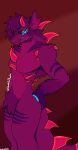 2024 ambiguous_gender anthro crystal digital_drawing_(artwork) digital_media_(artwork) felid feline fur gootraxian hand_on_hip hi_res hybrid kaiju_paradise lizard looking_at_viewer mammal manic_(kaiju_paradise) pink_body pink_fur purple_body purple_fur purple_sclera purple_stripes red_background red_crystal red_eyes reptile scalie simple_background solo spooksorcharlie striped_body striped_fur stripes