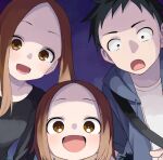  1boy 2girls :d bangs black_hair black_shirt blue_jacket brown_eyes brown_hair commentary_request drawstring father_and_daughter forehead hood hood_down hooded_jacket jacket karakai_jouzu_no_(moto)_takagi-san long_hair mother_and_daughter multiple_girls night night_sky nishikata nishikata_chii open_clothes open_jacket outdoors parted_bangs shirt short_sleeves sky smile takagi-san white_shirt yamamoto_souichirou 