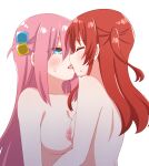  2girls back bangs blue_eyes blush bocchi_the_rock! breast_press breasts cleavage closed_eyes completely_nude embarrassed french_kiss gotou_hitori hair_between_eyes hair_cubes hair_ornament highres kiss kita_ikuyo long_hair looking_at_another medium_breasts medium_hair multiple_girls nipple-to-nipple nipples nude out_of_frame pink_hair ponytail red_hair sakatsu_m saliva side_ponytail simple_background small_breasts sweat sweatdrop tongue upper_body yuri 
