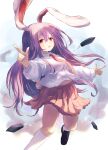  1girl absurdres animal_ears ar_(maeus) bangs black_footwear bullet commentary_request finger_gun foot_out_of_frame hair_between_eyes highres kneehighs long_hair long_sleeves looking_at_viewer midriff_peek navel necktie open_mouth pink_skirt pleated_skirt purple_hair rabbit_ears rabbit_girl rabbit_tail red_eyes red_necktie reisen_udongein_inaba shoes skirt smile socks solo tail touhou white_socks 