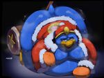 2026 all_fours anthro avian beak big_butt bird blue_body blue_feathers bodily_fluids butt clothing digital_drawing_(artwork) digital_media_(artwork) dreamywolfdd english_description feathers front_view gloves hammer handwear hi_res king_dedede kirby_(series) male nintendo orange_clothing orange_gloves orange_handwear overweight overweight_anthro overweight_male penguin red_clothing red_helmet red_robe robe small_tail solo sweat sweaty_body tail tools yellow_beak