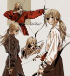  1girl arrow_(projectile) bow_(weapon) carrotsprout chainsaw_man chinese_clothes drawing_bow eyepatch grey_background grey_hair hanfu highres holding holding_bow_(weapon) holding_sword holding_weapon katana long_hair looking_at_viewer looking_to_the_side messy_hair ponytail quanxi_(chainsaw_man) robe simple_background solo sword twitter_username weapon white_robe 