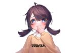  1girl absurdres ahoge bangs brown_hair brown_sweater character_request collared_shirt commentary_request djmax dress_shirt hair_between_eyes hand_to_own_mouth hand_up highres iznal long_hair long_sleeves looking_at_viewer low_twintails parted_lips puffy_long_sleeves puffy_sleeves purple_eyes shirt simple_background sleeves_past_wrists smile solo sweater twintails upper_body white_background white_shirt 