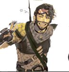  1boy animification apex_legends black_gloves bodysuit brown_eyes brown_hair chinese_commentary facial_hair fingerless_gloves gloves goatee goggles goggles_on_head looking_to_the_side male_focus mirage_(apex_legends) one_eye_closed scar scar_across_eye sketch smile solo v yellow_bodysuit yitiao_da_shu 