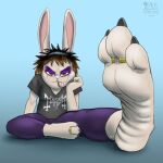 2025 a9_emus/foxemus anthro black_clothing black_shirt black_topwear blep bottomwear brown_hair clothing digit_ring digital_media_(artwork) eyeshadow feet female foot_fetish foot_focus fur green_eyes hair hi_res highlights_(coloring) jewelry lagomorph leporid makeup mammal mayhem_(band) pants print_clothing print_shirt print_t-shirt print_topwear purple_bottomwear purple_clothing purple_pants rabbit ring shaded shirt solo stephanie_(a9_emus/foxemus) t-shirt toe_ring toes tongue tongue_out topwear white_body white_fur wrinkled_feet wrinkles