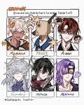  1girl 5boys aizen_sousuke artist_name black_hair bleach brown_hair commentary faust_(guilty_gear) guilty_gear highres honkai:_star_rail honkai_(series) jojo_no_kimyou_na_bouken mammon_(obey_me!) melone mikasa_ackerman multiple_boys multiple_drawing_challenge obey_me!:_one_master_to_rule_them_all! purple_hair shingeki_no_kyojin six_fanarts_challenge sunday_(honkai:_star_rail) sunday_(sacerdos'_relived_ordeal)_(honkai:_star_rail) symbol-only_commentary txasttszu vento_aureo white_hair 
