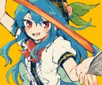  1girl :d arm_up bangs blue_hair blush bow bowtie center_frills close-up film_grain foreshortening frills hand_up hat_ornament hatching_(texture) hinanawi_tenshi holding holding_sword holding_weapon itomugi-kun leaf linear_hatching long_hair looking_at_viewer lower_teeth open_mouth outstretched_hand puffy_short_sleeves puffy_sleeves red_bow red_bowtie red_eyes shirt short_sleeves simple_background sleeve_cuffs smile solo sword sword_of_hisou teeth touhou upper_body v-shaped_eyebrows weapon white_shirt yellow_background 