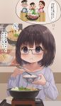  1girl :t bangs black-framed_eyewear black_hair blue_eyes blue_shirt blush bowl chopsticks closed_mouth commentary_request eating food_request glasses highres holding holding_bowl holding_chopsticks indoors irasutoya long_sleeves mimikaki_(men_bow) original puffy_long_sleeves puffy_sleeves rice shirt short_hair solo translation_request upper_body 