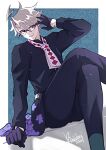  1boy adjusting_eyewear ahoge aqua_background argyle arm_support ascot belt bespectacled black_coat black_eyes black_gloves black_pants border coat crossed_legs facial_mark fate/grand_order fate_(series) feet_out_of_frame glasses gloves grey_hair hair_between_eyes half_gloves highres james_moriarty_(ruler)_(fate) kimidorix32 looking_at_viewer male_focus official_alternate_costume outside_border pants parted_lips patterned_background purple_ascot puzzle_piece_print short_hair sitting smile solo white_border 