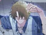  1boy atobe_keigo blue_eyes blue_shirt brown_hair chinese_commentary closed_mouth commentary_request curtained_hair hair_over_shoulder highres leaning_forward looking_ahead male_focus mole mole_under_eye one_eye_covered open_collar pangxieshenvdegdegv parted_bangs polo_shirt shirt short_hair solo sportswear sweat tennis_net tennis_no_ouji-sama tennis_uniform two-tone_shirt upper_body upturned_eyes v-shaped_eyebrows white_shirt 