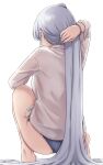  1girl absurdres ass back_focus barefoot blue_panties from_behind full_body fuyutsuki_(kancolle) hair_focus highres kantai_collection kiritto long_hair long_sleeves panties ponytail shirt simple_background solo underwear very_long_hair white_background white_hair white_shirt 