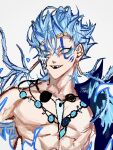  1boy abs arm_tattoo artist_name bleach blue_eyes blue_hair earrings eyeshadow facepaint fangs grimmjow_jaegerjaquez hashtag-only_commentary highres hollow_mask jewelry looking_to_the_side makeup muscular muscular_male necklace tattoo txasttszu white_background 