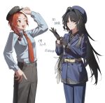  2girls alternate_costume black_eyes black_hat black_pants blue_hat blue_jacket blue_pants blue_shirt braid breasts chixia_(wuthering_waves) closed_mouth commentary_request feather_hair hat highres jacket kohane_kun long_hair looking_at_another looking_at_viewer medium_breasts mole mole_under_eye multicolored_hair multiple_girls necktie one_eye_closed open_mouth pants red_hair red_necktie shirt shirt_tucked_in smile streaked_hair tacet_mark_(wuthering_waves) translation_request wuthering_waves yangyang_(wuthering_waves) 
