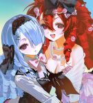  2girls :o aqua_background asymmetrical_docking bare_shoulders black_bow black_headband black_lace_trim black_vest blue_hair blush bow bowtie breast_press breasts chain cleavage collared_shirt commentary commission dot_nose double-parted_bangs dress dress_bow eyeshadow floral_print floral_print_dress flower fluffy_hair gradient_background hair_between_eyes hair_bow hair_flower hair_ornament hair_over_one_eye hairclip headband highres jewelry lace-trimmed_bow lace-trimmed_dress lace-trimmed_headwear lace-trimmed_vest lace_trim large_breasts long_hair long_sleeves makeup multiple_girls nan_(71nnmo) necklace one_eye_covered open_mouth original pale_skin parted_bangs pearl_hair_ornament pearl_necklace pink_bow pink_dress pink_flower pink_rose plaid_bow print_bow print_dress print_headband print_vest red_eyes red_hair ringlets rose rose_print shirt shrug_(clothing) simple_background skeb_commission small_breasts smile strapless strapless_dress striped_clothes striped_shirt teeth upper_body upper_teeth_only vertical-striped_clothes vertical-striped_shirt vest waistcoat white_shirt white_shrug wing_collar x_hair_ornament yellow_background 