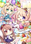  3girls ;d animal_ear_fluff animal_ears balloon black_footwear blonde_hair blue_bow blue_dress blush boots bow box brown_hair brown_pantyhose cat_ears cat_girl cat_tail champagne_flute champion_uniform chibi commentary_request cookie crown cup dog_ears dog_girl dog_tail dress drinking_glass floral_background flower food fork frilled_dress frills fur-trimmed_boots fur_trim garter_straps gift gift_box green_eyes hair_flower hair_ornament heart_balloon holding holding_balloon jacket kneeling long_hair mini_crown multiple_girls one_eye_closed open_clothes open_jacket original outstretched_arm pantyhose pink_background pink_dress plate puffy_short_sleeves puffy_sleeves purple_dress purple_eyes purple_footwear purple_jacket rabbit_ears rabbit_girl rabbit_tail red_eyes red_flower red_rose rose ryuuka_sane shoes short_sleeves sitting smile socks spoon star_(symbol) starry_background striped striped_bow tail thighhighs thighhighs_under_boots two_side_up very_long_hair white_footwear white_socks white_thighhighs yellow_jacket 