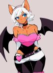  1girl animal_ears arms_behind_back bare_shoulders bat_ears bat_girl bat_wings black_leotard blue_eyes blue_eyeshadow breasts choker ciosuii closed_mouth collarbone dark-skinned_female dark_skin elbow_gloves eyeshadow gloves highres humanization large_breasts leotard looking_at_viewer makeup multicolored_leotard pink_leotard rouge_the_bat short_hair sketch solo sonic_(series) white_gloves white_hair wings 