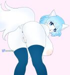  anthro bent_over big_breasts blue_eyes blue_hair blush breasts canid canine canis clothing female fur hair hi_res huge_breasts legwear looking_at_viewer looking_back mammal mochagato nude sawavhs sawavhs_(artist) solo stockings white_body white_fur wolf wolfychu youtube youtuber 