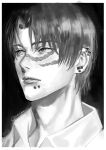  1boy black_background black_hair chainsaw_man collared_shirt curtained_hair dark_background ear_piercing greyscale hayakawa_aki hayakawa_aki_(early_concept_design) highres lip_piercing looking_to_the_side monochrome ndsoda piercing scar scar_on_cheek scar_on_face shirt short_hair simple_background solo twitter_username white_shirt 