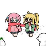  2girls ahoge blonde_hair blue_eyes bocchi_the_rock! commentary_request footprints gotoh_hitori green_jacket ijichi_nijika jacket long_hair long_sleeves looking_at_another multiple_girls one_side_up pink_hair pink_jacket pleated_skirt ponytail scarf shared_clothes shared_scarf skirt smile snow_rabbit white_background yakotako 