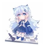  0387069505 1girl :o animal_ears arknights bangs black_footwear black_gloves black_jacket black_skirt blue_eyes chess_piece chessboard chibi gloves grey_hair hair_between_eyes hair_ornament hairclip highres jacket lappland_(arknights) long_hair long_sleeves looking_at_viewer open_clothes open_jacket parted_lips pleated_skirt scar scar_across_eye shirt shoes simple_background skirt sleeves_past_wrists solo very_long_hair white_background white_shirt 