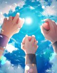  1girl 2boys absurdres blue_oak cloud commentary_request day hand_focus highres holding holding_poke_ball leaf_(pokemon) multiple_boys outdoors poke_ball poke_ball_(basic) pokemon pokemon_frlg red_(pokemon) shiruko_(s1ruko) sky twitter_username watermark wristband 
