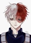  1boy adam's_apple boku_no_hero_academia burn_scar hashtag-only_commentary heterochromia looking_to_the_side male_focus multicolored_hair portrait red_hair scar scar_on_face split-color_hair superhero_costume todoroki_shoto two-tone_hair txasttszu white_background white_hair 