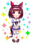  animal_ears blunt_bangs blush bow bowtie breasts brown_hair chibi chibi_only collarbone commentary_request ear_covers full_body hair_ornament hairband highres horse_ears horse_girl horse_tail looking_at_viewer nishino_flower_(umamusume) open_mouth pink_hairband pleated_skirt puffy_short_sleeves puffy_sleeves purple_bow purple_bowtie purple_eyes purple_shirt sailor_collar sailor_shirt school_uniform shirt shoes short_hair short_sleeves skirt small_breasts smile solo sugimotty_nova tail thighhighs tracen_school_uniform umamusume white_sailor_collar white_skirt white_thighhighs x_hair_ornament zettai_ryouiki 