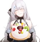  birthday_cake cake closed_eyes commentary_request english_text food fruit grapes happy_birthday holding holding_tray kiwi_(fruit) kiwi_slice lime_(fruit) lime_slice long_hair looking_at_viewer orange_(fruit) orange_slice sbi_e-sports shunsui_rei sliced_fruit straight-on strawberry strawberry_slice tamamoice tray very_long_hair white_background 