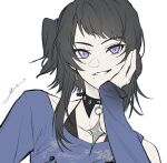  1girl bang_dream! bang_dream!_it's_mygo!!!!! black_choker black_hair blue_shirt blush chinese_commentary choker commentary_request earrings head_rest hero45439083942 highres jewelry long_sleeves looking_at_viewer medium_hair mole mole_under_mouth one_eye_closed open_mouth original purple_eyes shiina_mirei shirt simple_background sleeves_past_wrists solo upper_body white_background 