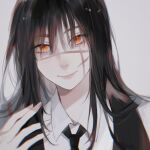  bangs black_hair chainsaw_man collared_shirt grey_background hand_on_own_shoulder hand_up highres long_hair looking_at_viewer neck_ribbon orange_eyes portrait ribbon ringed_eyes scar scar_on_cheek scar_on_face scar_on_nose school_uniform shirt simple_background smile white_shirt yoru_(chainsaw_man) yu_ge_wen_jiu 