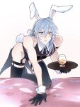  1boy ahoge alcohol alternate_costume animal_ears armlet armpit_crease bent_over black_garter_straps black_gloves black_leotard black_shoes black_thighhighs blue_bow blue_bowtie blue_eyes blue_hair blush bow bowtie coattails collared_leotard commentary covered_pectorals crossdressing crossdressing_(mtf) cup drinking_glass edmond_(nu_carnival) fake_animal_ears garter_straps gloves groin hair_between_eyes hair_up highleg highleg_leotard highres holding holding_tray jewelry leaning_forward legwear_garter leotard long_hair looking_at_viewer male_focus male_playboy_bunny nu_carnival pectorals playboy_bunny rabbit_ears rabbit_tail shoes solo tail tailcoat thighhighs toned toned_male tray untranslatable_commentary white_background white_wrist_cuffs wide-eyed wine_glass wrist_cuffs your_yanjiu 