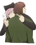  2boys black_hat black_shirt blush_stickers brown_hair closed_mouth commentary_request cropped_torso double_middle_finger facial_mark green_shirt hat highres hug long_sleeves luther_von_ivory male_focus middle_finger multiple_boys nyen_(randal's_friends) pink_hair randal's_friends shirt short_hair simple_background whisker_markings white_background yano_(zri_088) 