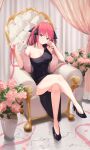  1girl bare_legs black_dress black_footwear blue_eyes breasts butterfly_hair_ornament chair cleavage closed_mouth collarbone crossed_legs curtains dress elbow_rest feather_boa flower full_body go-toubun_no_hanayome hair_ornament hand_on_own_face head_tilt high_heels highres holding holding_ribbon indoors large_breasts legs looking_at_viewer marble_floor nakano_nino on_chair pink_flower pink_hair pink_ribbon plant potted_plant profnote ribbon short_hair side_slit single-shoulder_dress single_bare_shoulder sitting sleeveless sleeveless_dress smile solo vase 